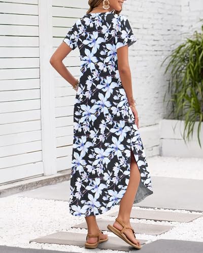 Image of MISFAY Women's Summer Maxi Dress 2026 Casual Short Sleeves V Neck Loose Sundress Split Long Beach T Shirt Dress
