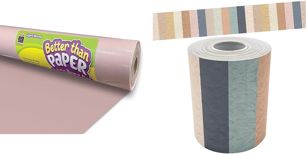 Light Mauve Better Than Paper® Bulletin Board Roll & Everyone is Welcome Stripes Straight Rolled Border Trim (TCR8909)