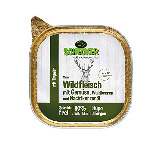 Schecker Nassfutter - Hundemenü Wildfleisch mit Gemüse, Waldbeeren - 12 x 200 g - getreidefrei - hypoallergen - 80% Wildfleisch