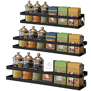MFS Craft World SET of 3 Metal Spice Rack Organiser Wall Mounted, Hanging Seasoning Spice Rack Shelf Holder, Storage for Kitchen Cabinet Color Black (17x5 three piece, Hanging Shelves)