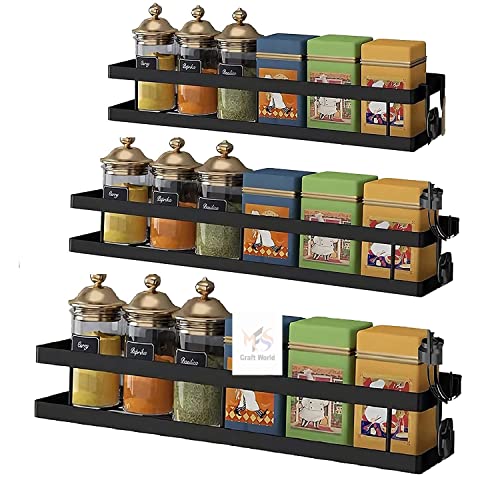 Image of Wall Mounted Spice Rack Organizer Hanging Spice Seasoning Rack bathroom Shelf Holder with 5 utensils hanging hooks Organizer Storage for Kitchen Cabinet (set of 3)