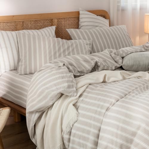 Image of BESTOUCH Striped Cotton Duvet Cover Set Linen Feel Super King | 100% Washed Cotton, Soft Wrinkle Texture, Hidden Zipper, 8 Ties, Breathable Lightweight Durable Comfy, 3 Pcs No Insert