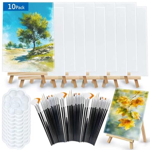 PPXMEEUDC 10PACK 75pcs Canvas with Easel Set Board with Wooden Easel Tray Brush 6 x 8in Canvas Aainting Board Set Great for Beginners in Ail Painting and Watercolor Painting Party Gift
