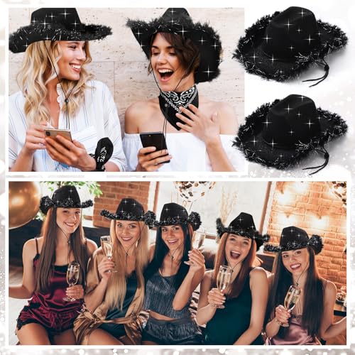 Image of Coume 12 Pcs Sparkly Adults Cowboy Hat and Bandanas Women Men Western Glitter Cowgirl Party Hats with Adjustable Drawstring