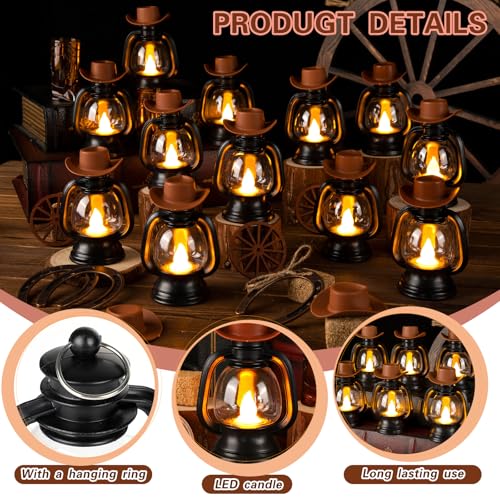Image of 24Pcs Cowboy Theme Party Decoration, Western Cowboy Party Centerpieces, Mini Cowboys Hat Lantern Horseshoe Wagon Wheel Hay Bales for Western Wedding Birthday Vintage Ornament Decor