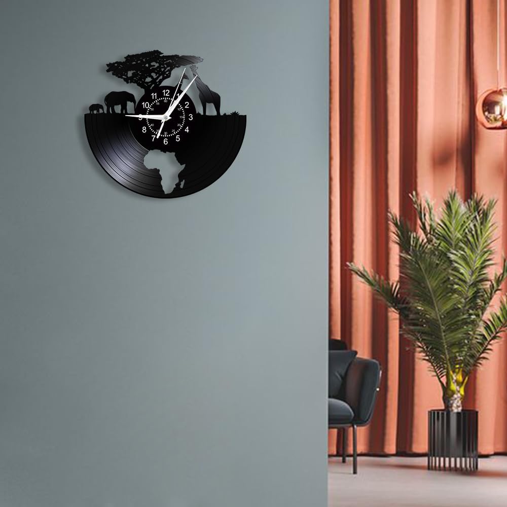 12 Inch African Wildlife Giraffe Wall Clock 7 Color Changing, Elephant Giraffe LED Wall Clock Night Light Silent Non Ticking Battery Operated Vinyl Clock Wall Watch for Nursery