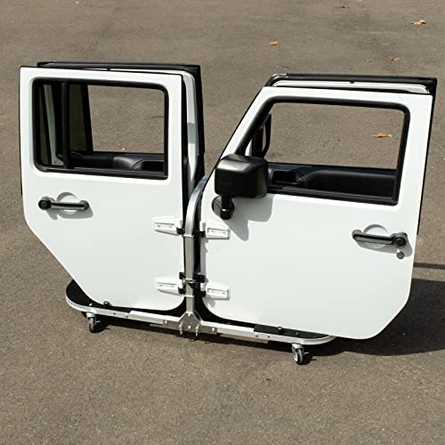 Image of EZ4X4 Aluminum Silver 4 Door Folding Rolling Door Cart, Storage Door Rack Holder Stand fits Wrangler JL JLU JK JKU TJ YJ and Gladiator JT Patented