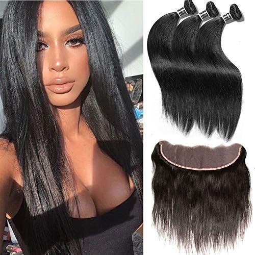 Aliglossy hair Peruvian Virgin hair straight with lace Frontal Closure 13X4 inch ear to ear lace frontal with bundles 3 Bundles straight Hair with closure Natural Color (12 14 14 with 12)