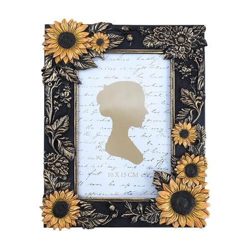 Bicuzat 3D Embossed Golden Sunflower with Black Frame Pattern Photo Frame Photo Display Frame Picture Frame Card Frame for Desktop Table Top Display, 4 by 6 Inches