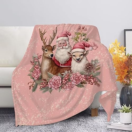 Jeiento Christmas Throw Blanket Santa Claus Reindeer Fleece Blanket Pink Floral Blankets/Bedcovers/Bedspread/Throws for Women Men Couch Travel Sofa