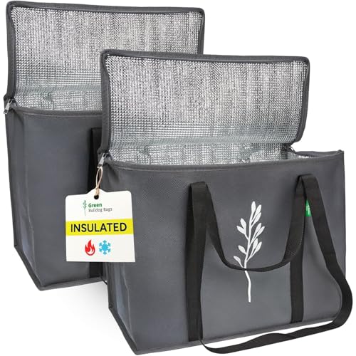 Green Bulldog 2Pack Insulated Grocery Bags – Foldable Reusable Cooler Bags with Handles for Everyday Use, Groceries, Food Delivery, and Shopping – 16”x9”x13”, Gray