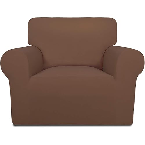 PureFit Super Stretch Chair Sofa Slipcover – Spandex Non Slip Soft Couch Sofa Cover, Washable Furniture Protector with Non Skid Foam and Elastic Bottom for Kids, Pets （Chair, Brown）