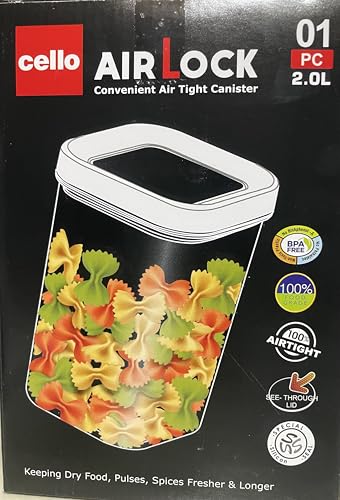 Image of CELLO Airlock Square Pet Storage Jar for Kitchen 2000 ml Transparent | Freezer & Fridge Safe Airtight Stackable Pet Kitchen Storage Box Jar Container Set for Beans Whole Grains Spices Candy Dry Fruits