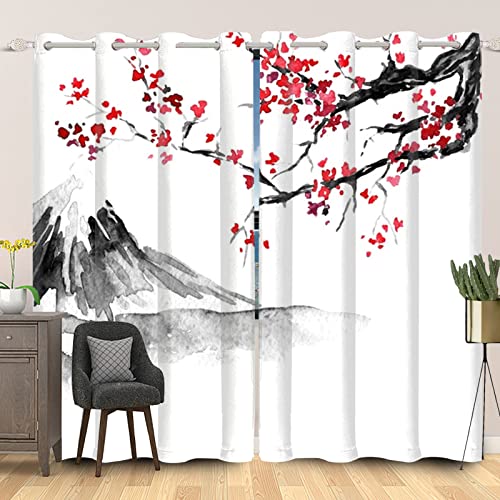 SDOTPMT 117x138cm Japonais Peinture à l'encre Rideau de fenêtre Rouge Cerise Fleur Montagne Rideaux de fenêtre Traditionnel Rideaux Opaques pour Salon Chambre Rideaux occultants, 2 Panneaux