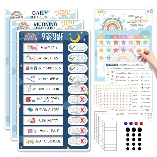 Upgraded Slider 4 in 1 Reward Chart for Kids, Reusable Bedtime/Morning/Daily Routine Chart for Kids, Magnetic Chore Chart for Kids Toddlers, Sticker Chart for Kids Behavior Chart for Kids at Home
