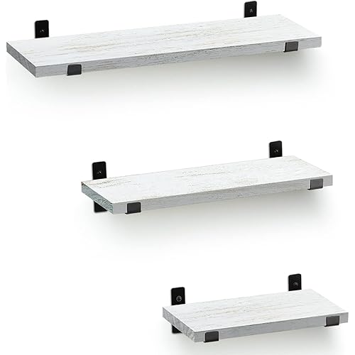 RR ROUND RICH DESIGN Shelving Wall Mounted Rustic Wood Floating Shelves Metal Brackets Storage Set for Bathroom Bedroom Living Room Kitchen White