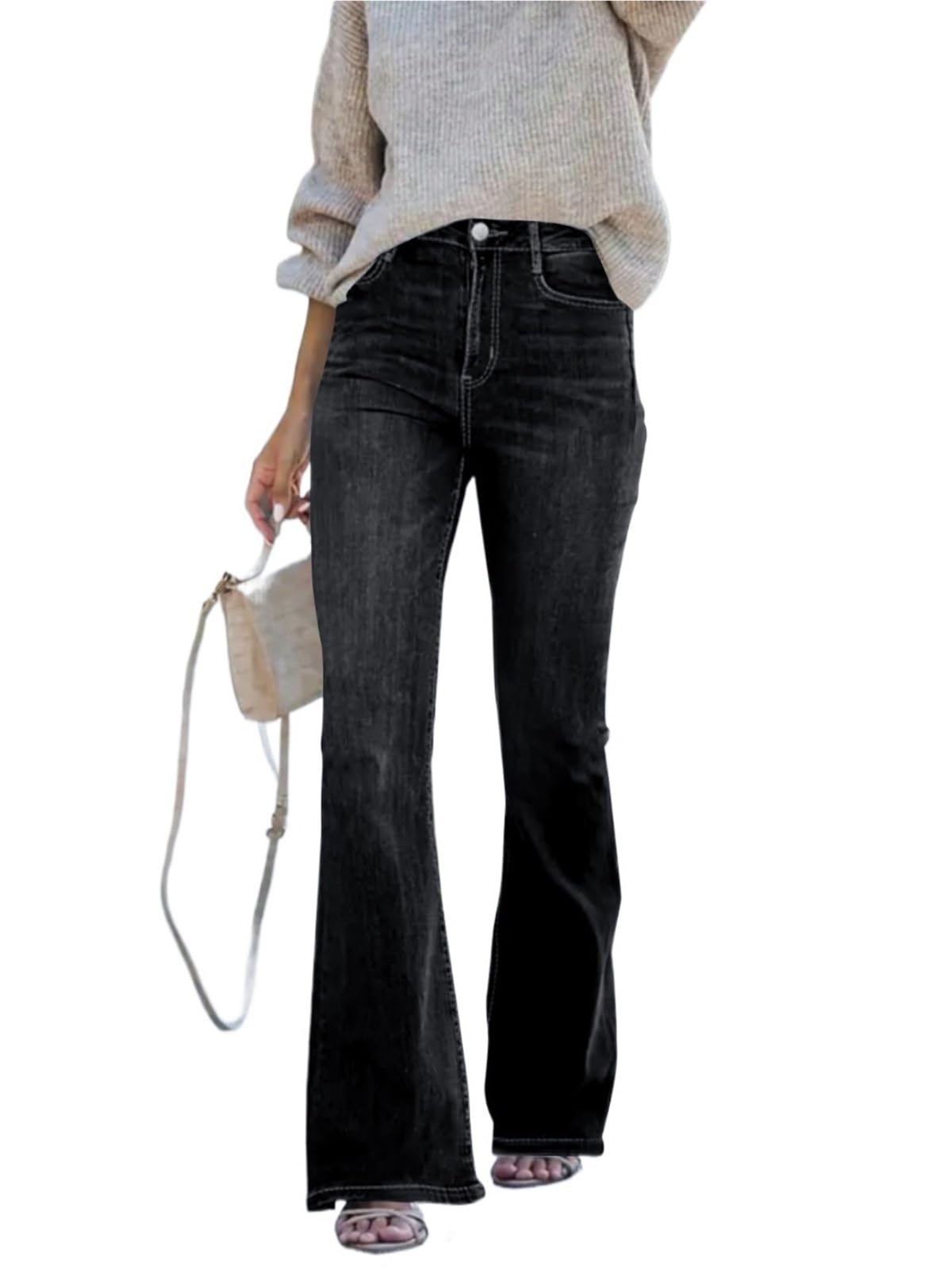 Pantalones Vaqueros Ajustados de Talle Alto y Pierna Ancha for Mujer, elásticos, cómodos y de Color Liso.(Black,L)
