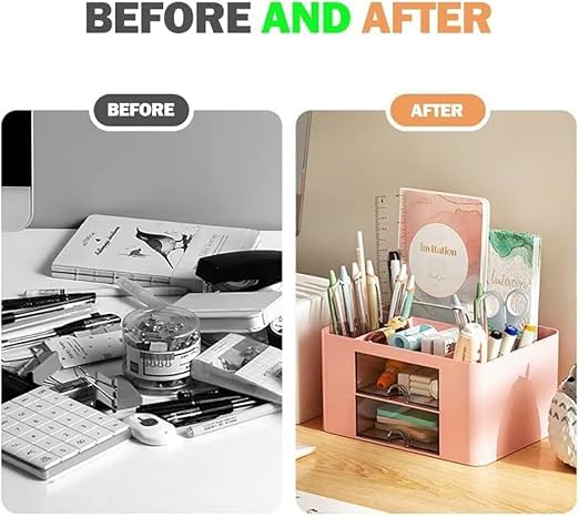 Image of ROKTRY Aesthetic Desk Organizer for Study Table & Office - Multi-Functional Pastel Pink Stationery Storage Box with 2 Drawers, Pen Holder & Compartments for School Supplies, Cosmetics & Accessories