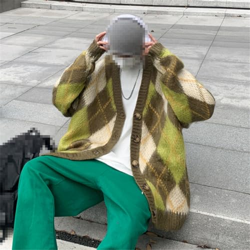 Men Plaid V-Neck Japanese Style Loose Casual Cardigans Jumpers Vintage Korean Sweater Y2k Tops4