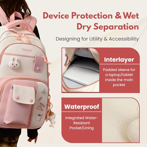 Image of Cute School Backpack for Girls - Stylish Pink & White Large Capacity Bookbag with Plush Keychain, Multiple Pockets, Lightweight Travel & College Bag