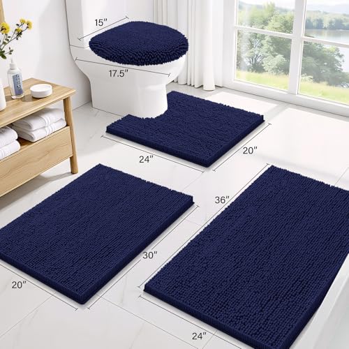Image of Smiry Bathroom Rugs Sets 2 Piece, Soft Absorbent Chenille Machine Washable Non Slip Shaggy Bath Rug Set for Tub, Shower, and Floor (34x21+30x20, Navy Blue)