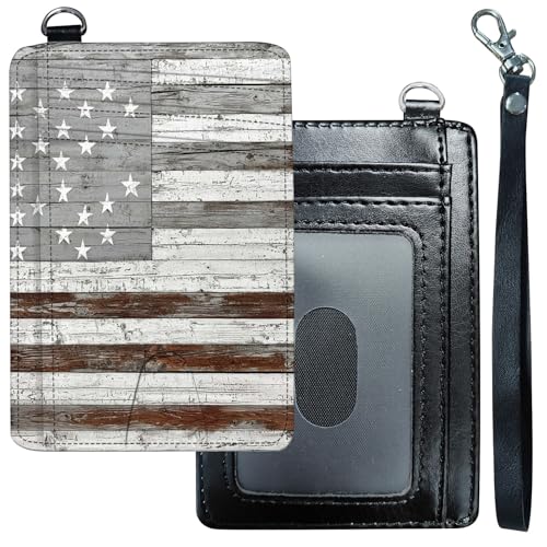 Slim Minimalist Wallet for Men Women Small Credit Card Holder Wallet Front Pocket RFID Blocking Wallets Travel Thin Card Case with ID Window Card Organizer & Wristlet,Retro Wood Old USA Flag
