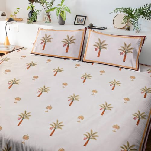 Image of Shajarah Premium Hand Block Printed Bedsheet | Bed Spread Flatsheet Bed Sheet | Pure Cotton | Double Bed Queen Size 90 inchx108 inch | 300 TC Long Staple Cotton | 2 Pillow Covers | Coconut Tree Print