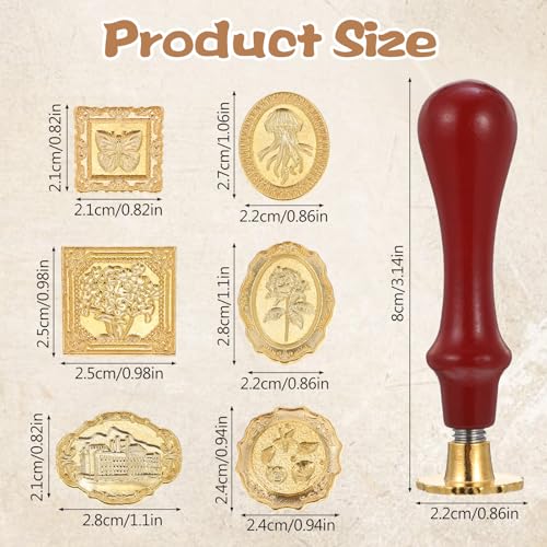 6 Stück Vintage Siegelstempel Set, Wachssiegel Stempel Gold Poststempel Kopf mit Massivholz Griff Blumen Siegelstempelkopf Handwerk für Hochzeitseinladungen Briefe Grußkarten