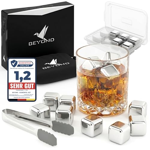 Beyond Whisky Steine Edelstahl im 8er Set - Whiskey Steine wiederverwendbar mit Zange im Geschenkset - Edelstahl Eiswürfel & Kühlsteine als Zubehör für Whisky, Gin und Rum