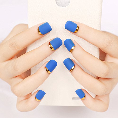 YUNAI 24PCS Matte with Metallic French Acrylic False Fake Full Nail Tip Art Royal Blue&Gold