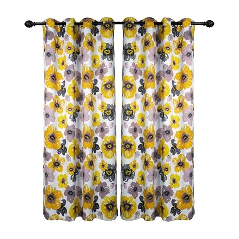2 Panels Printed Flowers Blackout Floral Insulated Grommet, Kitchen Room Window Curtain (Yellow, W52 X L84 Inch) Cover