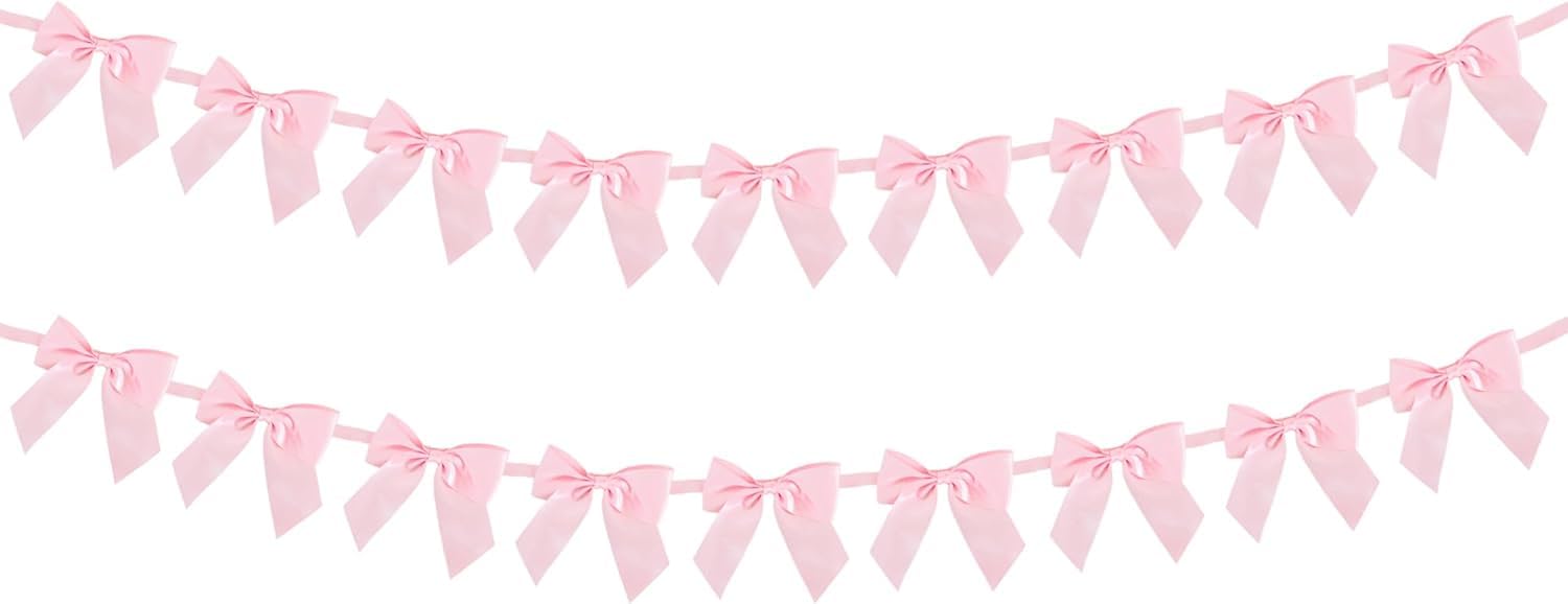 DecoGlee 2 Strings of 18pcs Pink Bow Garlands Banner Decoration,Pre-Strung Satin Ribbon for Girl Birthday Anniversary Bridal/Baby Shower Wedding Bachelorette Party Graduation Party Supplies