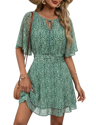 AIMCOO Women's Summer Floral Mini Dresses 2026 Casual Chiffon Short Sleeve Flowy Ruffle Beach Vacation Boho Sun Dress Green Medium