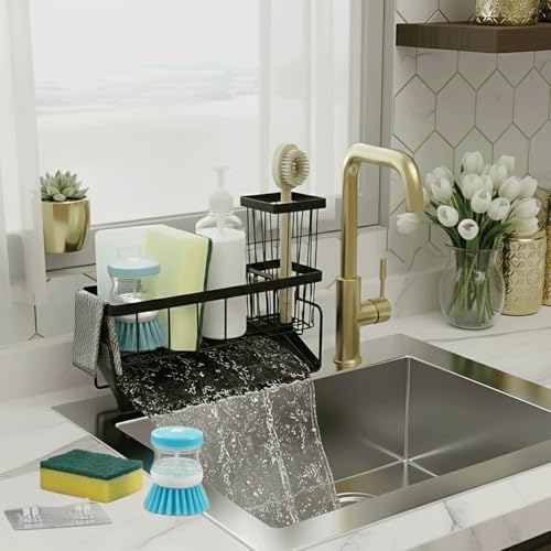 Zovra Sink Caddy For Kitchen Stainless Steel Cleaning kitchen Sink Caddy Organiser Sink Tidy Organizer With Removable Sponge Holder Brush Holder Towel and hook (Black)