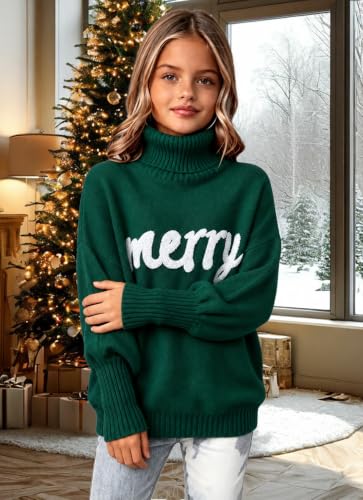 Girls Christmas Sweater Turtleneck Long Sleeve Merry Jolly Knit Pullover - image 2