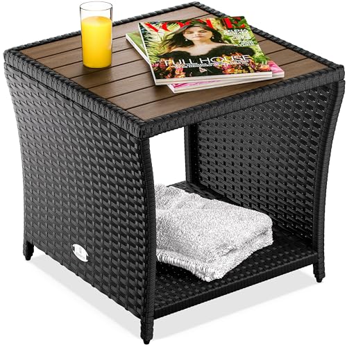 Casaria® Table d'appoint en polyrotin 45x45x40cm Noir avec Plateau en Bois d'acacia Petite Table Basse de Jardin Balcon extérieur