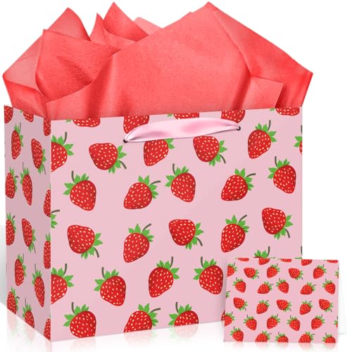 Strawberry Birthday Gift Bag Berry Birthday Decoration Sweet Berry Gift Bag with Wrapping Paper and Card Strawberry Party Wrapping Paper Bag with Handle for Girl Baby Shower Party Supplies