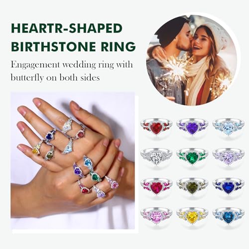 Sterling Silver Butterfly Birthstone Rings for Women, 3 Carat Created Gemstone Diamond Heart/Pear Engagement Halo Ring, Promise Rings for Her, Wedding Anniversary Jewerly Size 6 to 103