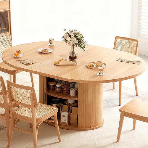 Wildhome Extendable Round Dining Table for 2-4-6 63 Inch Dining Room Kitchen Table with 2-Tier Storage Shelf Modern Farmhouse Fluted Wood Slide Door Dinner Furniture Oval Circle (Oak-63 Inch)