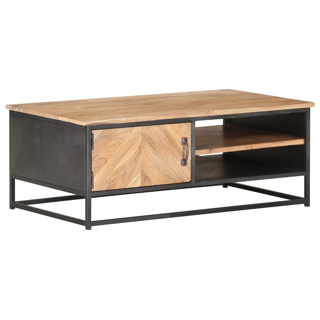 Mesa de centro de madera maciza de acacia, 90 x 50 x 35 cm, con 2 compartimentos abiertos y 1 puerta, patas de acero con recubrimiento en polvo, mesa de salón estable con espacio de