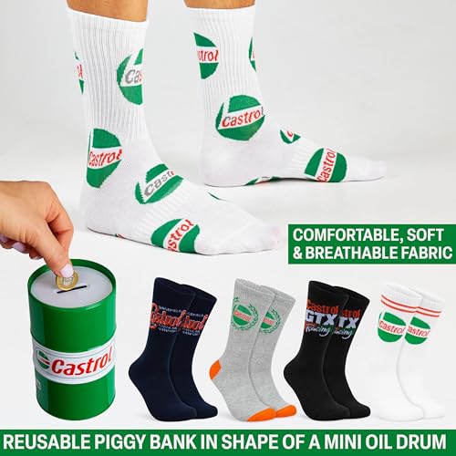 Image of Get Trend Castrol Socks for Men, Teens, 5 Pairs of Soft, Breathable, Crew Socks in Collectible Tin, Gift Set for Motorsport Fans, Gifts for Men