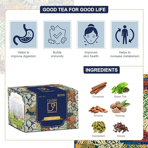 Image of Dabri Kashmiri Kahwa Green Tea 16 Pyramid Dip Tea Bags|Natural Ingredients & Original Flavour of kesar|Blended with Saffron, Almonds, Spices|Fastens Metabolism, Improves Digestion & Blood Circulation