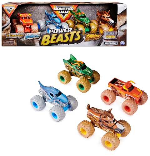 MONSTER JAM - Pack POWER BEASTS: 4 Monster Truck Metálicos a Escala 1:64 - 6053860 - Coches para Niños - Juguetes Niños 3 años +