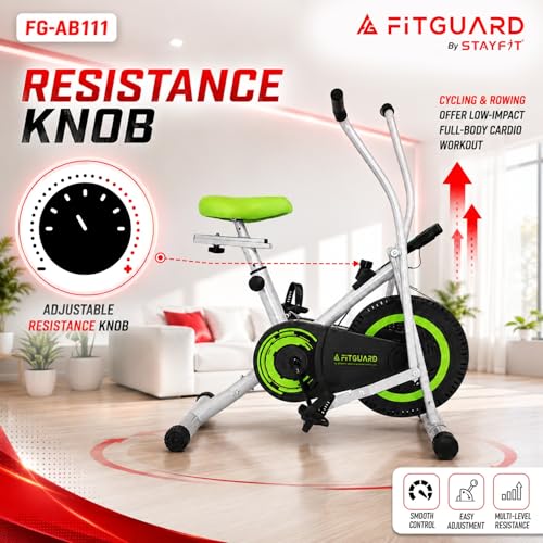 Image of FITGUARD FG-AB 111 By STAYFIT Dual Action Air Bike /Exercise Bike for Home |Gym Cycle for Workout With Adjustable Cushioned Seat | Non-Slip Pedals | Moving Handles Black Gym Bike, Max user weight 120 KG (Green)