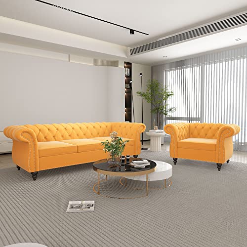 Image of QHITTY 2 Piece Living Room Set, Sectional Chesterfield Sofa Chair Contemporary Upholstered Velvet Loveseat Couch Sets for Living Room, Bedroom, Office