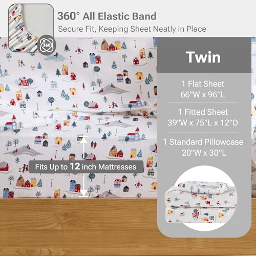 Image of Sleep Philosophy True North 100% Cotton Flannel Sheets Twin Size, Cozy Flannel Sheet Set Brushed for Extra Softness, Heavyweight Novelty Print Warm Flannel Bedding Set, White Village Print 3 Piece