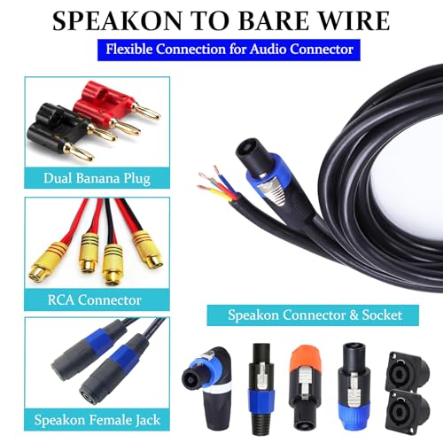 6 feet speakon cable to bare wire 12 gauge 4 wires speakon twist lock plug to open end cables with nl4mp socket for chuchero home audio pa dj stage - 1 pack 4 conductors