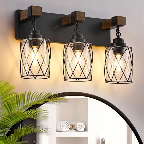 Image of Farmhouse Bathroom Light Fixtures, 3 Light Bathroom Vanity Light with Metal and Glass Lampshade, Wood Rustic Lighting Fixtures Over Mirror, Black Wall Sconces for Living Room, Bedroom