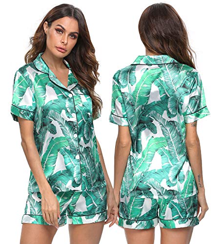 Image of SWOMOG Womens Pajamas Set Silk Satin Sleepwear Short Sleeve Nightwear Button Down Pj Loungewear