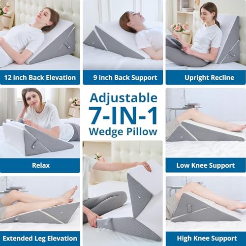 Sasttie Wedge Pillow for After Surgery, Adjustable Memory Foam Bed Wedge Pillow Headboard for Sleeping, Acid Reflux, Surgery Recovery, Neck & Back Support, White and Dark Grey